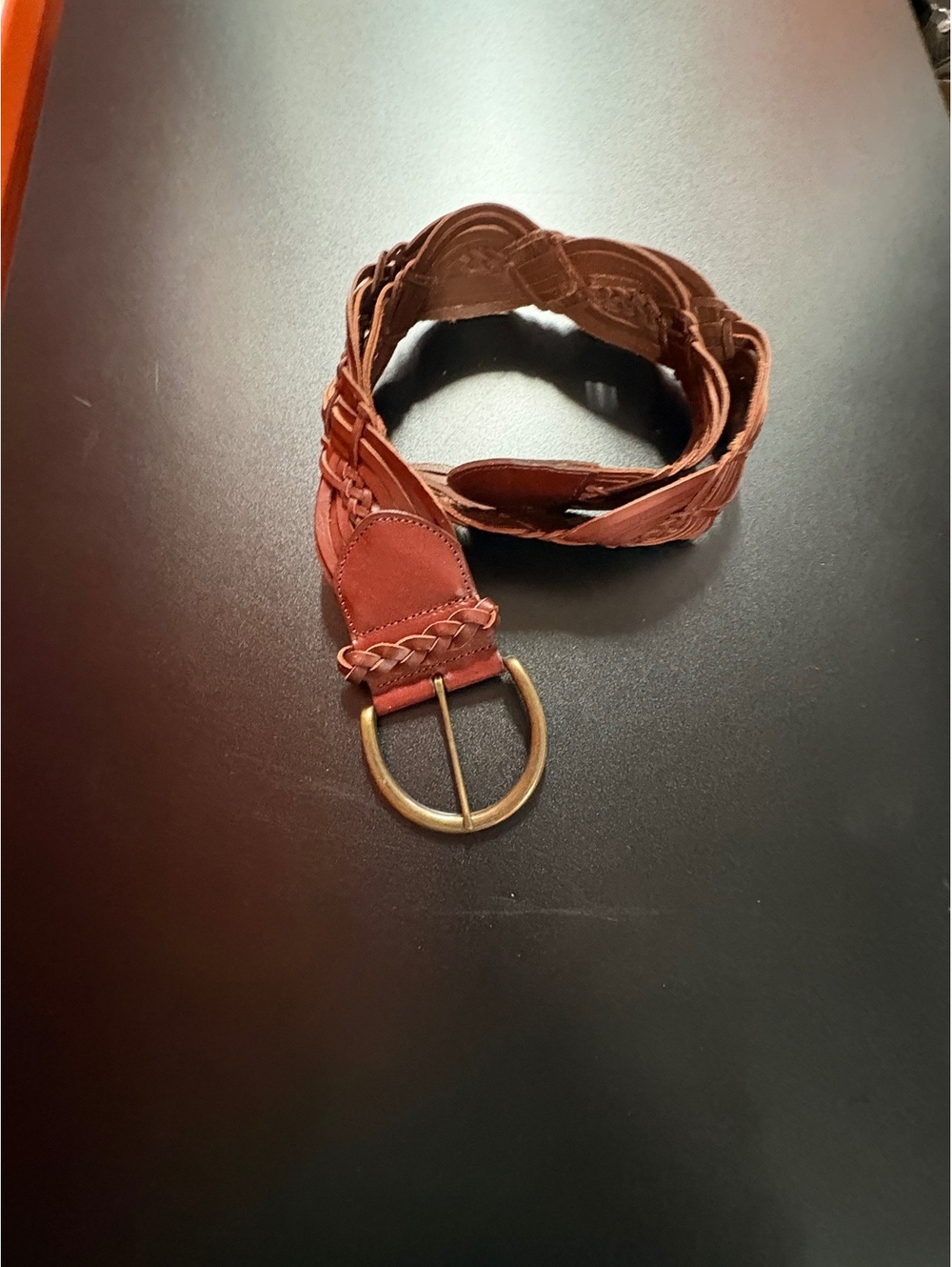 Vintage Brown Braided Leather Belt with Brass Buckle, 38 Inches Long